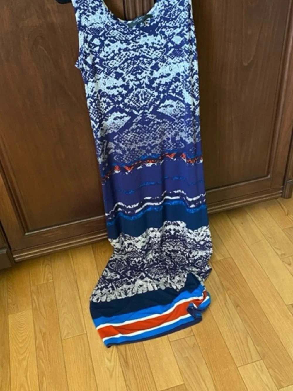 Nine West Blue and White Patterned Sleeveless Maxi Dress with Orange Accent - Picture 3 of 5